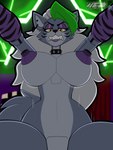 angry anthro armwear big_breasts breasts clothing collar female green_highlights grey_body grey_hair hair highlights_(coloring) lipstick looking_at_viewer machine makeup nipples piercing johnithanial five_nights_at_freddy's five_nights_at_freddy's:_security_breach scottgames steel_wool_studios roxanne_wolf animatronic canid canine canis mammal robot wolf 2025 3:4 absurd_res digital_media_(artwork) hi_res