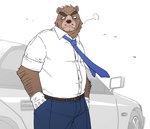 anthro belly bottomwear brown_body brown_fur car cigarette clothing fur kemono male overweight overweight_anthro overweight_male pants shirt smoke smoking solo topwear vehicle ryuta-h bear mammal 2016