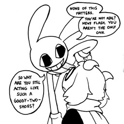 anthro biped clothed clothing depression dialogue duo eyewear fur glasses male scarf size_difference smile smiling_at_another speech_bubble talking_to_another teeth_showing text wearing_glasses young mijumewandco deltarune glitch_productions the_amazing_digital_circus undertale_(series) jax_(tadc) ralsei bovid caprine darkner goat lagomorph leporid mammal rabbit 1:1 2026 black_and_white crossover digital_drawing_(artwork) digital_media_(artwork) english_description english_text hi_res monochrome signature watermark