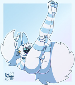 anus armsocks balls bell big_tail butt clothing collar femboy footwear genitals hoodie legs_up machine male paws penis socks solo spread_legs spreading tail thick_thighs topwear visor thatfennecdan sukimi protogen hi_res