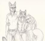 anthro clothing dress eyewear female fluffy fluffy_tail glasses group hug male tail rukis puquanah ransom shivah arctic_fox canid canine canis felid feline fox lynx mammal true_fox wolf 2014 shaded sketch story story_in_description