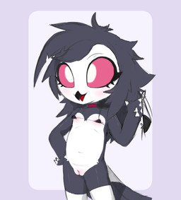 anthro bikini bikini_top blush bottomless clothed clothing female genitals grey_hair hair loli multicolored_body open_mouth red_sclera solo swimwear thong two-piece_swimsuit two_tone_body underwear vulva white_eyes young young_anthro young_female nomorer18 hellaverse helluva_boss octavia_(helluva_boss) avian bird owl owl_demon hi_res