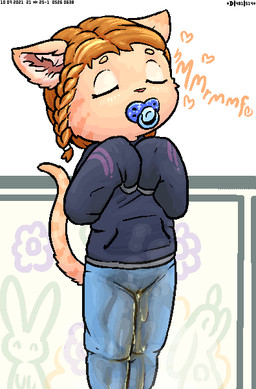 anthro black_clothing black_hoodie black_topwear blonde_eyebrows blue_bottomwear blue_clothing blue_pacifier blue_pants bodily_fluids bottomwear camel_toe clothing eyebrows eyes_closed female fur genital_fluids hair hoodie looking_pleasured moan object_in_mouth orange_hair pacifier pacifier_in_mouth pants peeing pink_nose solo striped_body striped_fur stripes tail tan_body tan_fur tan_tail topwear urine urine_stream wetting wetting_bottomwear young young_anthro young_female pedrohspacewolfy domestic_cat felid feline felis mammal 2021