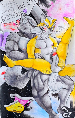 anal anal_penetration anthro balls blush clothing dialogue duo erection eyebrows genitals glans grey_body heart_symbol held_up male male/male muscular muscular_male nipples penetration penile penile_penetration penis penis_in_ass sex smooch_(sound_effect) space star text underwear yellow_body marthan_crowl_(artist) nintendo star_fox fox_mccloud wolf_o'donnell canid canine canis fox mammal wolf absurd_res english_text hi_res
