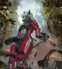 abs anthro balls bedroom_eyes biped black_balls black_penis blue_eyes blush bodily_fluids bodysuit clothing genital_fluids genitals gloves grin hair half-erect handwear humanoid_genitalia humanoid_penis hybrid_genitalia hybrid_penis looking_at_viewer male male_anthro medial_ring medial_ringed_humanoid_penis medial_ringed_hybrid_penis messy_hair motorcycle muscular muscular_male narrowed_eyes navel nipples open_bodysuit outside pecs penis precum precum_string red_bodysuit red_clothing red_skinsuit seductive short_hair skinsuit smile solo standing tight_clothing vehicle white_clothing white_gloves white_hair white_handwear oselotti equid equine horse mammal absurd_res hi_res signature