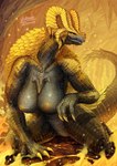 absurd_res anthro areola big_breasts biped breasts capcom claws detailed_background digital_media_(artwork) digital_painting_(artwork) dragon eguchi_tumoru elder_dragon featureless_crotch female front_view full-length_portrait glistening glistening_breasts gold_(metal) hi_res horn huge_breasts kneeling kulve_taroth monster_hunter mythological_creature mythological_scalie mythology nipples non-mammal_breasts nude portrait scales scalie shaded sharp_teeth solo spikes tail teeth thick_thighs uncensored wide_hips yellow_eyes