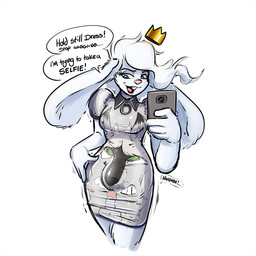 anthro balls blue_eyes breasts bulge camera clothed clothing clothing_transformation collar crown detailed_bulge dialogue dress duo electronics erection fur genital_outline genitals green_eyes gynomorph hair headgear inanimate_transformation intersex latex malleable_body nipples open_mouth penis penis_outline phone selfie simple_background smile solo_focus speech_bubble text thought_bubble tight_clothing transformation white_background white_body white_fur white_hair redflare500 basil_(aristocrats) ookamiwolf prince_basil animate_inanimate canid canine canis lagomorph leporid living_clothing mammal rabbit wolf 1:1 digital_media_(artwork) english_text hi_res