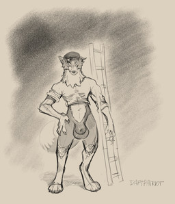 abstract_background animal_genitalia anthro balls bottomless bottomless_anthro claws clothed clothing digitigrade genitals hat headgear headwear holding_ladder looking_at_viewer male sheath solo standing tail tongue tongue_out daftpatriot canid canine canis domestic_dog mammal hi_res monochrome sketch