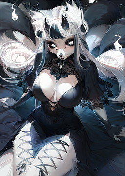 5_fingers anthro biped black_horn black_sclera breasts claws clothed clothed_anthro clothed_female clothing ear_piercing facial_piercing female finger_claws fingers front_view gauged_ear horn inner_ear_fluff looking_at_viewer multi_tail nose_piercing piercing sitting smile solo tail tuft white_eyes white_tail black_gargoyley unknown_species 2025 digital_drawing_(artwork) digital_media_(artwork) hi_res