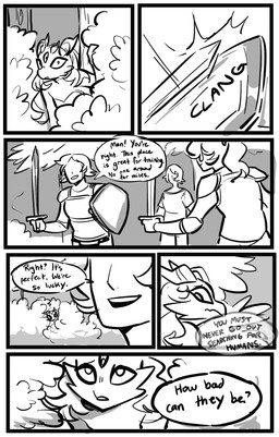 anthro dialogue female group male melee_weapon shield sword text weapon glacierclear mythology myra_(glacierclear) dragon human mammal mythological_creature mythological_scalie scalie comic digital_drawing_(artwork) digital_media_(artwork) english_text hi_res monochrome