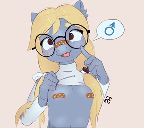 anthro blonde_hair clothed clothing clothing_lift eyewear female fur glasses hair pasties patch_(fabric) shirt shirt_lift showing_chest silly_face smile solo speech_bubble sweater topwear twintails_(hairstyle) undressing yellow_eyes young drafthoof friendship_is_magic hasbro my_little_pony derpy_hooves_(mlp) equid equine horse mammal pony hi_res
