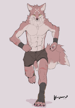 4_toes abs anthro athletic athletic_anthro athletic_male biped black_bottomwear black_bracelet black_claws black_clothing black_footwear black_pants bottomwear bracelet claws clothed clothed_anthro clothed_male clothing countershade_arms countershade_face countershade_feet countershade_hands countershade_legs countershade_neck countershade_tail countershade_torso countershading facial_markings feet finger_claws fluffy fluffy_tail footwear forehead_markings front_view fur head_markings jewelry looking_at_viewer male markings mouth_closed neck_tuft pants pawpads pink_background pink_body pink_countershading pink_fur pink_inner_ear pink_markings pink_pawpads plantigrade pose pupils red_body red_fur red_stripes running shadow simple_background snout solo striped_arms striped_legs stripes tail text toe_claws toes tuft white_sclera yellow_clothing yellow_eyes yellow_footwear kuromonsart canid canine fox mammal 2022 artist_name colored dated digital_drawing_(artwork) digital_media_(artwork) english_text flat_colors full-length_portrait hi_res portrait