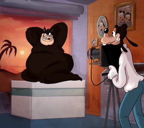 anthro belly black_body black_eyes black_fur black_nose bottomwear camera clothed clothed/nude clothed_male clothing detailed_background duo eye_contact freckles fur gloves grin half-closed_eyes handwear imminent_sex interspecies looking_at_another male male/male narrowed_eyes nude overweight overweight_anthro overweight_male pants picture_frame pose shirt smile smirk standing suggestive suggestive_look suggestive_pose topwear smallfryspy disney goof_troop goofy_(disney) pete_(disney) canid canine canis domestic_cat domestic_dog felid feline felis mammal