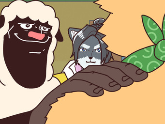 anthro blue_eyes brown_body brown_fur fangs female fur grey_hair hair hand_on_shoulder kerchief looking_at_another male smile teeth white_body white_fur takehiros akakichi_no_eleven_redraw tsukareta-inu_no_anime hitsuji-kun_(tsukareta-inu_no_anime) reiko_oogami tsukareta-inu_(tsukareta-inu_no_anime) bovid canid canine canis caprine domestic_dog mammal sheep wolf 4:3 meme