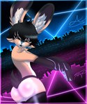 anthro butt city cityscape clothing cute_fangs fangs glistening glistening_body glowing glowing_background latex latex_clothing latex_legwear latex_stockings legwear lights male pose sexy_eyes sky solo star starry_sky stockings teeth axelwolf lagomorph leporid mammal rabbit 5:6 absurd_res hi_res pinup