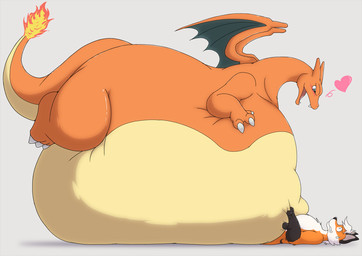 anthro belly belly_crush belly_on_ground belly_squish big_belly blush duo feral fire heart_symbol huge_belly hyper hyper_belly male morbidly_obese morbidly_obese_anthro obese obese_anthro overweight overweight_anthro size_difference squish mighty_creation shikizshigls mythology nintendo pokemon canid canine charizard dragon fox generation_1_pokemon lizard mammal mythological_creature mythological_scalie pokemon_(species) red_fox reptile scalie true_fox 2024 hi_res
