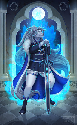 anthro architecture aura cape clothing costume grey_eyes grey_hair hair horn magic male melee_weapon moon night solo sword weapon white_body harmaagriffin canid canine canis mammal wolf hi_res