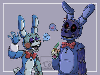 anthro black_nose blue_body bow_tie buckteeth cardboard dialogue duo exclamation_point eyelashes eyes_closed femboy gesture glowing glowing_eyes greeting grey_background hand_gesture happy headgear heart_symbol long_ears machine male mask multicolored_body open_mouth patch_(fabric) pointing pointing_at_self raised_arm red_eyes scut_tail short_tail simple_background size_difference smile speech_bubble standing stitch_(sewing) tail tape teeth text tongue two_tone_body waving waving_hand white_body white_tail wire bluberry712 five_nights_at_freddy's five_nights_at_freddy's_2 scottgames toy_bonnie_(fnaf) withered_bonnie_(fnaf) animatronic lagomorph leporid mammal rabbit robot 2021 digital_drawing_(artwork) digital_media_(artwork) english_text hi_res pictographics