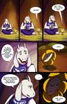 ambiguous_gender anthro clothing duo_focus ellipsis female flower group origin_story plant robe sewing speech_bubble text lynxgriffin undertale undertale_(series) asriel_dreemurr flowey_the_flower toriel boss_monster_(undertale) bovid caprine elemental_creature flora_fauna goat mammal 2016 comic english_text