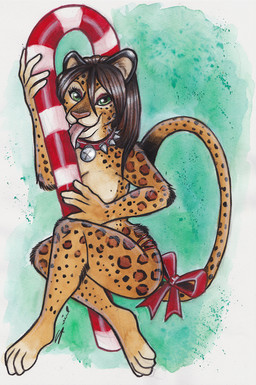 accessory anthro bow_(feature) bow_accessory bow_ribbon breasts candy candy_cane dessert female food furgonomics green_eyes hair licking mostly_nude ribbons solo tail tail_accessory tail_bow tail_ribbon tongue tongue_out shiverz felid jaguar mammal pantherine