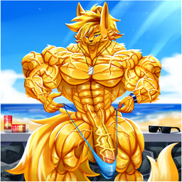 anthro balls barely_contained barely_contained_penis beach big_balls big_muscles big_penis clothed clothing genitals huge_balls huge_muscles huge_penis hyper hyper_muscles male muscular muscular_male outside penis solo striated_muscles thong thong_only topless underwear underwear_only vein veiny_muscles veiny_penis taiko-sihori canid canine fennec_fox fox mammal true_fox 1:1 hi_res