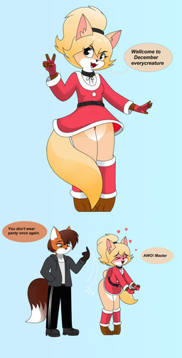 anthro assisted_exposure blush boots bottomwear clothed clothing clothing_lift duo embarrassed exhibitionism female footwear heart_symbol holidays humor ineffective_clothing jacket male master no_underwear pantsing shoes skirt skirt_lift smile topwear upskirt pencil_bolt christmas furrio_esh_(pencil_bolt) karmi_(pencil_bolt) canid canine fox mammal absurd_res comic hi_res