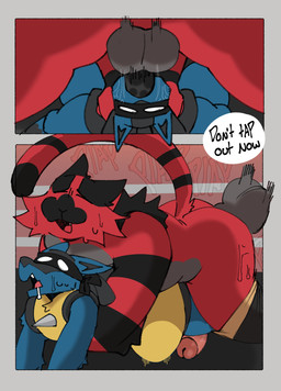 abdominal_bulge anthro balls big_balls bodily_fluids bulge chest_spike dialogue drooling duo eyes_closed face_fucking fighting_ring from_behind_position genitals irrumatio male male/male mask mounting oral penile penis penis_in_mouth plap saliva sex speech_bubble spikes spikes_(anatomy) sweat text knightferret nintendo pokemon generation_4_pokemon generation_7_pokemon incineroar lucario pokemon_(species) 2025 comic digital_media_(artwork) english_text hi_res shaded