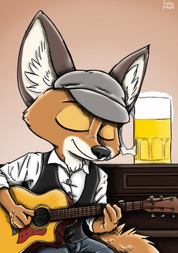 acoustic_guitar alcohol bar beer beverage brown_body brown_fur clothing fur guitar guitarist hat headgear headwear male musical_instrument plucked_string_instrument smile solo string_instrument ziegelzeig bad_guy_cafe michael_kittson canid canine fennec_fox fox mammal true_fox