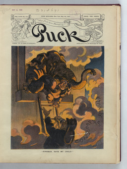 anthro armor barefoot biped eyewear facial_hair feet fire firefighter firefighter_helmet glasses group hair headgear helmet label ladder male mustache political_cartoon politics size_difference smoke text trio udo_keppler public_domain puck_(magazine) republican_elephant theodore_roosevelt william_howard_taft elephant elephantid human mammal proboscidean 1910 20th_century absurd_res ancient_art dated english_text hi_res traditional_media_(artwork)