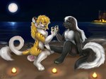 beach black_body black_fur celebration duo fur moon night seaside white_body white_fur yellow_body yellow_fur teh-evil-tigress alpha_(alphacrow) tass_(tassy) felid hybrid liger lion mammal mephitid pantherine skunk 4:3 absurd_res hi_res