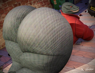 all_fours anthro big_butt black_body black_scales bottomless bottomless_anthro bottomless_male butt clothed clothing huge_butt hyper hyper_butt jacket looking_back male rear_view red_clothing red_eyes red_jacket red_topwear scales solo thick_thighs topwear dwrenders epic_games fortnite thunder_(fortnite) komodo_dragon lizard monitor_lizard reptile scalie 2026 3d_(artwork) digital_media_(artwork) english_description hi_res
