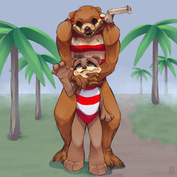 anthro black_eyes blush blush_stickers brown_body brown_fur clothing duo empty_eyes fangs female female/female fur hands_on_neck one-piece_swimsuit open_mouth pattern_clothing pattern_swimwear pipe sharp_teeth size_difference standing striped_clothing striped_swimwear stripes swimwear teeth unasalamandra broadside_beach shipwrecked_64 olive_otter olivia_finch mammal mustelid otter starling_(broadside_beach) 1:1 absurd_res hi_res