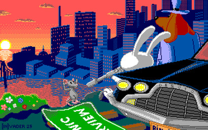 16_colors ambiguous_gender anthro bridge building car city cityscape clothing cloud fedora floppy_ears flower group gun hands_up hat headgear headwear luger male plant pointing_gun police police_car police_vehicle ranged_weapon river sea shrub skyline skyscraper street_sign suit suit_jacket sun sunset suspension_bridge trio vehicle water weapon [in]vader desoto_(car) desoto_adventurer loss sam_and_max max_(sam_and_max) samuel_dog canid canine canis domestic_dog lagomorph leporid mammal murid murine rabbit rat rodent 16:10 digital_media_(artwork) dithering meme pixel_(artwork) restricted_palette widescreen