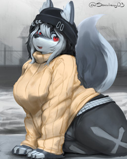anthro big_breasts bottomwear breasts clothing female fur grey_background grey_body grey_fur pants simple_background slightly_chubby solo y2k_(fashion) sonninng03 grett_(sonninng03) canid canine canis mammal wolf 4:5 absurd_res hi_res