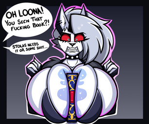 anthro between_breasts big_breasts bodily_fluids book breasts fangs female fur grey_body grey_fur grey_hair grimoire hair huge_breasts magic profanity red_sclera solo speech_bubble sweat teeth text white_body white_eyes white_fur raayaa99 hellaverse helluva_boss mythology loona_(helluva_boss) canid canid_demon canine demon hellhound mammal mythological_canine mythological_creature 2026 digital_media_(artwork) english_text hi_res