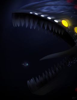 dark deep_sea feral gaping_mouth glowing glowing_eyes group imminent_death open_mouth seamoth_(subnautica) size_difference catsockjus jewish_mythology mythology subnautica unknown_worlds_entertainment aquatic aquatic_dragon dragon gargantuan_leviathan_(subnautica) leviathan mythological_creature mythological_marine mythological_scalie scalie absurd_res hi_res