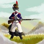 anthro battle clothing cloud field grass gun male military military_uniform multicolored_body musket plant ranged_weapon shako sky smoke solo two_tone_body uniform weapon conditional_dnp suirano canid canine canis mammal wolf 1:1 2023 hi_res