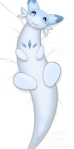 ambiguous_gender bedding bedding_background blue_eyes blue_markings cheek_tuft dakimakura dipstick_ears ear_markings facial_tuft feral fur long_body lying markings multicolored_ears on_back paws smile solo tail tuft white_body white_fur imtyou palworld pocketpair chillet pal_(species) 2024 dakimakura_design digital_media_(artwork) hi_res watermark