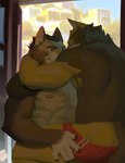 anthro bottomwear bottomwear_pull clothing clothing_pull duo fur hug hugging_another intersex intimacy male male/male maleherm muscular nipples shorts shorts_pull red8ean beau_(red8ean) humanoid hi_res