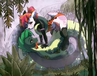 2_penises anthro antlers blush blush_lines butt clothed clothing diphallic_frot_dogging diphallism duo forest frottage fur genitals hair horn jungle legless male male/male markings multi_genitalia multi_penis penile penis penises_touching plant ponytail serpentine sex shiro_blast_(character) spots spotted_markings suit tail tree cherry_kotya dalar_(character) deer mammal reptile scalie snake digital_media_(artwork) hi_res