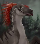 ambiguous_gender feral glistening glistening_eyes grey_body head_feathers looking_at_viewer outside plant red_tongue sharp_teeth solo striped_neck teeth tongue tongue_out tree yellow_eyes roobin terr_(n0rad) dinosaur dromaeosaurid prehistoric_species reptile scalie theropod signature