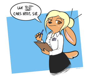 anthro black_bottomwear black_clothing black_skirt blonde_hair bottomwear brown_eyes clipboard clothing collared_shirt dress_shirt female freckled_face freckles hair hair_bun ink_pen name_badge shirt skirt speech_bubble topwear white_clothing white_shirt white_topwear caffeinerabbit daphne_(caffeinerabbit) deer mammal hi_res