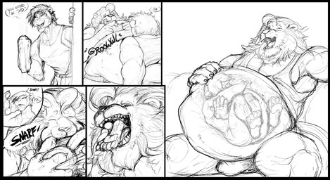 almost_fully_inside anthro belly big_belly black_border border burping butt claws dialogue duo father_pred feet genitals hand_on_belly head_first huge_belly internal male male/male mane muscular muscular_pred nude_prey open_mouth oral_vore overweight penis rumbling_stomach sitting son_prey speech_bubble spread_legs spreading tail tongue vore pandottermon felid lion mammal pantherine black_and_white comic monochrome