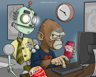 angry anthro beverage brown_body brown_fur clock clothing computer_keyboard computer_monitor duo fur furniture glowing glowing_eyes holding_beverage holding_object looking_back machine male necktie shirt table topwear oliver_wade fritos haplorhine humanoid mammal monkey primate robot robot_humanoid absurd_res digital_media_(artwork) hi_res