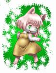 anthro female fur green_eyes hair kemono open_mouth pink_body pink_fur pink_hair short_hair solo kyuubi360 domestic_cat felid feline felis mammal