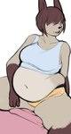 anthro belly belly_overhang bodily_fluids bottomwear brown_hair clothing covered_eyes crop_top drooling female hair hair_over_eyes hotpants midriff navel overweight overweight_anthro overweight_female pants saliva shirt shorts simple_background sitting solo tank_top topwear underwear white_background pewbutt snow_(pewbutt) felid feline lynx mammal 2016