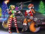 anthro armwear big_breasts bikini black_nose breasts car choker christmas_clothing christmas_headwear cleavage clothed clothing curvy_figure detailed_background dog_tags duo elf_hat eyebrows female fingers fire flamethrower footwear fur gatling_gun gloves gun hair handwear hat headgear headwear high_heels highleg holidays huge_breasts jewelry legwear looking_at_viewer m2hb machine_gun minigun multicolored_body multicolored_fur navel necklace one-piece_swimsuit outside plant ranged_weapon santa_hat shoes sling_bikini smile standing stockings swimwear topwear tree two-piece_swimsuit vehicle voluptuous weapon white_body white_fur pak009 christmas wendy_mathias_(lildredre) canid canine canis coyote fox mammal 2019 absurd_res digital_media_(artwork) hi_res