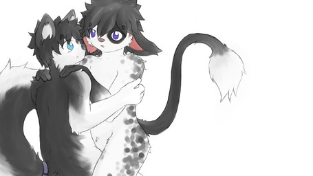4_fingers accessory anthro anthro_on_anthro arm_grab biped black_body black_fur black_hair black_nose blue_eyes cuddling duo ears_down eye_through_hair eyebrow_through_hair eyebrows featureless_crotch fingers fur fur_markings furgonomics gloves_(marking) grey_body grey_fur hair hand_on_shoulder interspecies jewelry looking_at_another looking_at_partner male male/male markings multicolored_body multicolored_fur nude on_lap open_mouth pink_nose pivoted_ears purple_eyes simple_background sitting spots tail tail_accessory tail_jewelry tail_tuft translucent translucent_hair tuft two_tone_body two_tone_fur white_background white_body white_fur white_hair log_(artist) log_(dog) alaskan_malamute canid canine canis domestic_cat domestic_dog felid feline felis hybrid lagomorph leporid mammal nordic_sled_dog rabbit spitz 2015