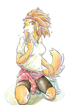 anthro bodily_fluids clothed clothing dreadlocks female fully_clothed kerchief kneeling shirt simple_background solo summer sweat sweater t-shirt topwear white_background ayabemisstta canid canine fox mammal full-length_portrait painting_(artwork) portrait traditional_media_(artwork) traditional_painting_(artwork) traditional_watercolor_(artwork) watercolor_(artwork)