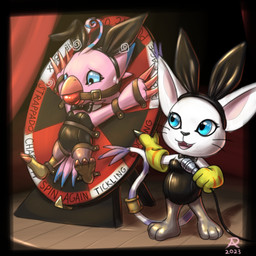 accessory ball_gag bdsm beak blue_eyes bondage bound bunny_costume bunny_ear_hat claws clothed clothing costume dominant duo electronics female female/female feral fur gag gagged game_show gloves handwear headband legwear leotard microphone open_mouth pantyhose paw_gloves paws roulette_wheel stage stage_curtains wheel wings radasus bandai_namco digimon avian bird biyomon digimon_(species) domestic_cat felid feline felis gatomon mammal 1:1 digital_media_(artwork) hi_res